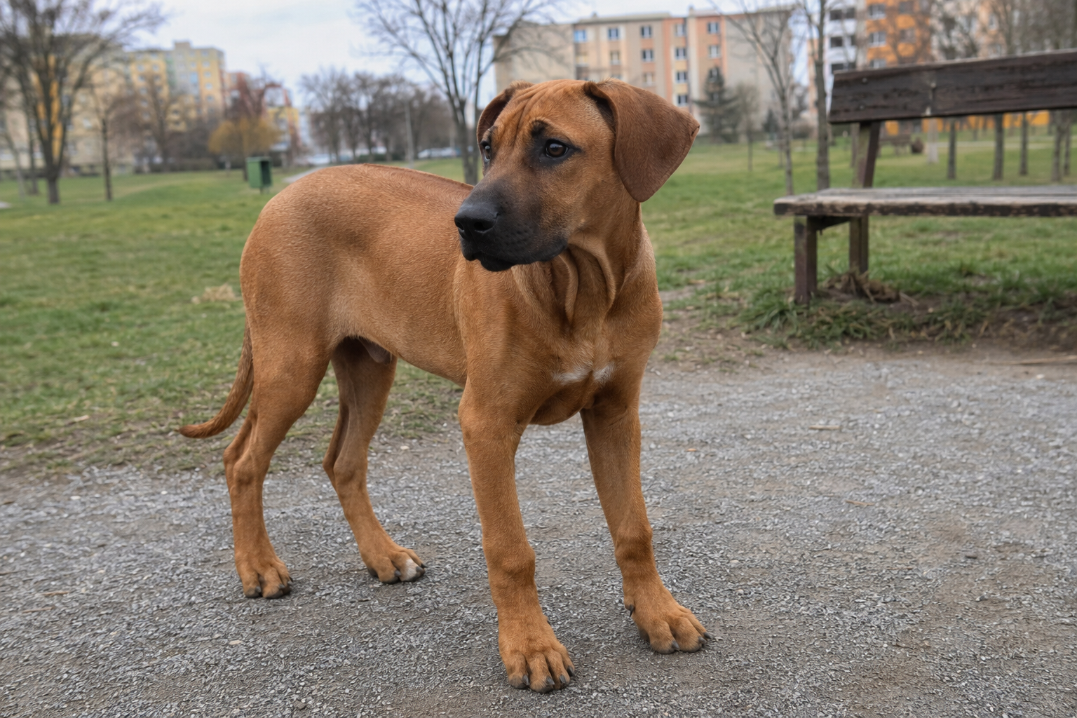 Mladý rhodéský ridgeback během pohybu v období intenzivního růstu